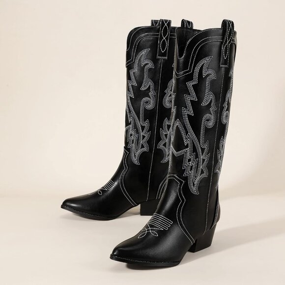 Women's Black Cowgirl Knee High Western Tall Boot Chunky Low Pointed Toe Booties - Picture 4 of 6